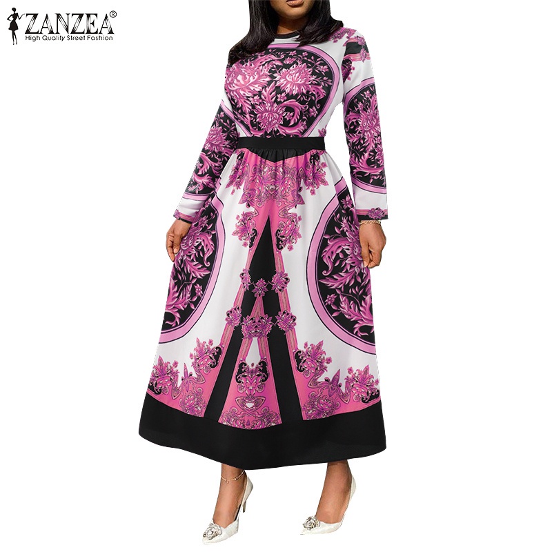 ZANZEA 女式複古時尚休閒長袖幾何印花 O 領寬鬆連衣裙