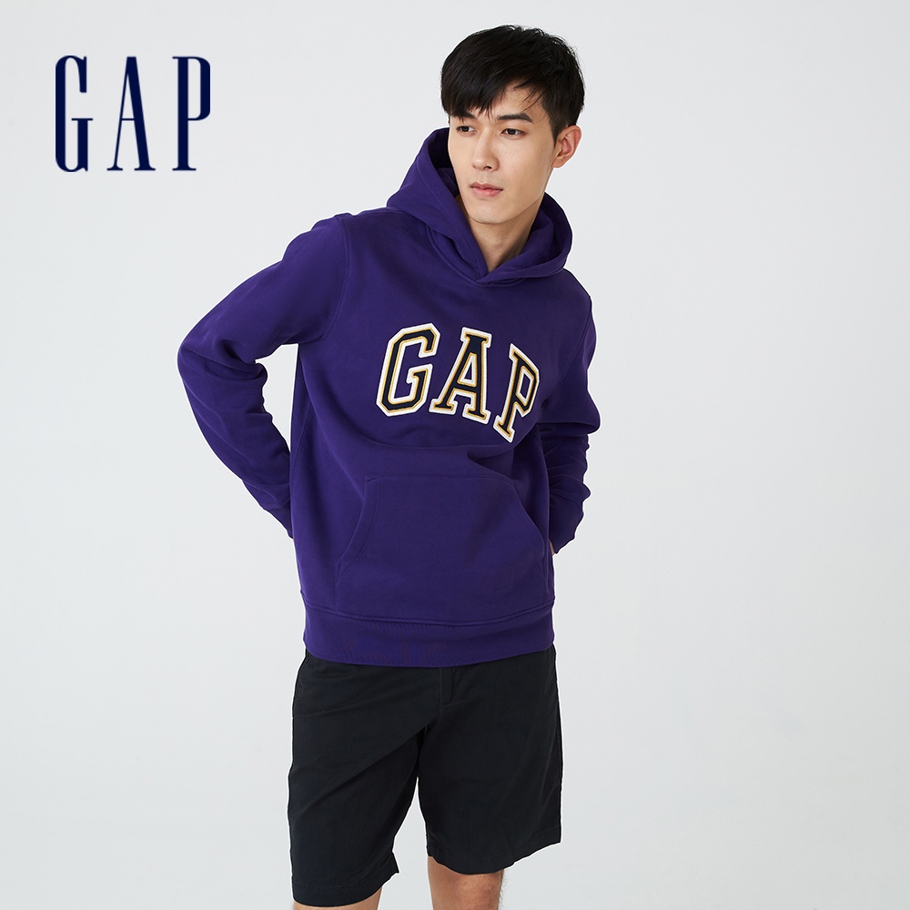 Gap 男女同款 Logo刷毛長袖帽T 碳素軟磨系列-深紫色(791339)