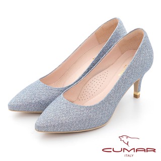 【CUMAR】尖頭閃耀花紋金屬裝飾高跟鞋 - 藍色
