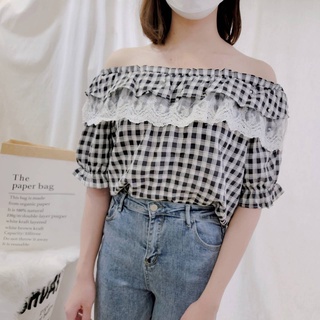 扉娜VINASHOP 韓系甜美一字領蕾絲荷葉邊珍珠格紋上衣