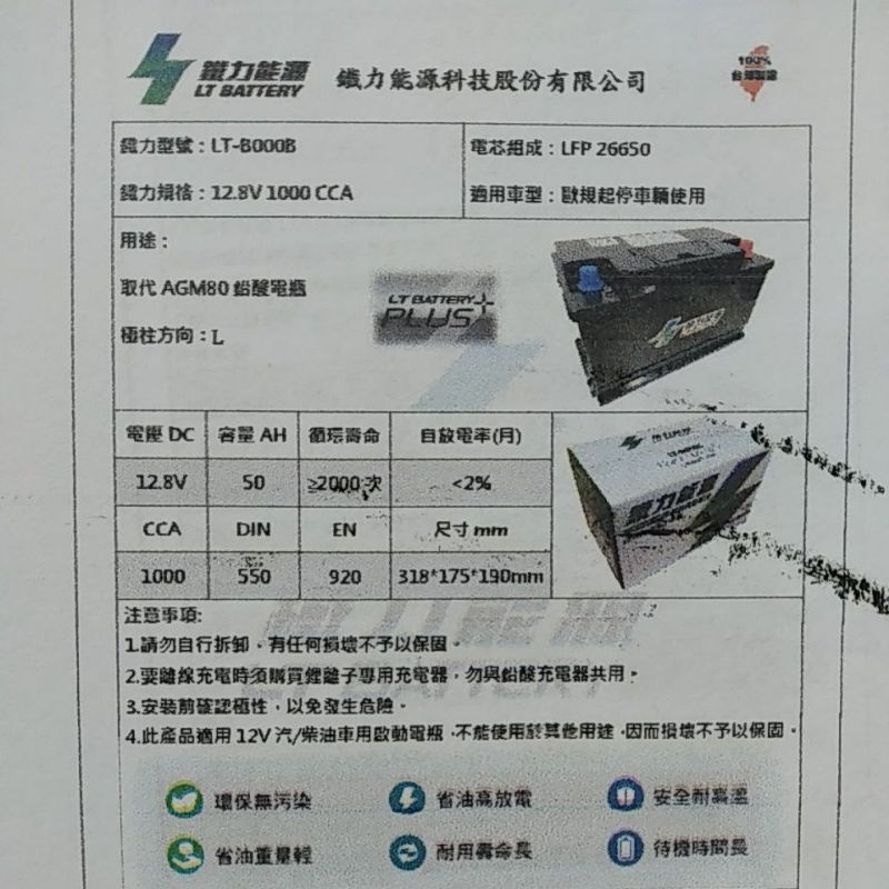 聊聊可議 鐵力 鋰鐵電瓶 LT-B000B(LN4適用 AGM80-LN4