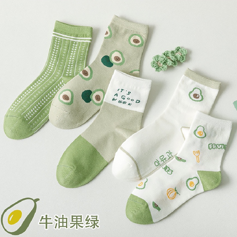 大唐襪業 D465襪子女中筒日系ins綠色牛油果棉襪韓國學生短襪