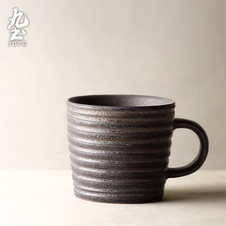 九土日式個性螺紋咖啡杯拉花拿鐵手工掛耳咖啡杯復古鎏金下午茶杯粗陶創意馬克杯家用單杯早餐杯牛奶杯麥片杯花茶杯cfr0100