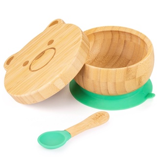【LABOOS 樂舖】天然竹製兒童餐具-吸盤碗＋兩用可愛熊蓋子＋矽膠軟湯匙