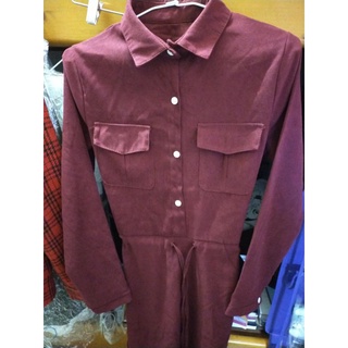 帕妃pufii 酒紅色 麂皮 縮腰綁帶長袖洋裝 連身裙 襯衫領 排釦 綁繩 收腰中長洋