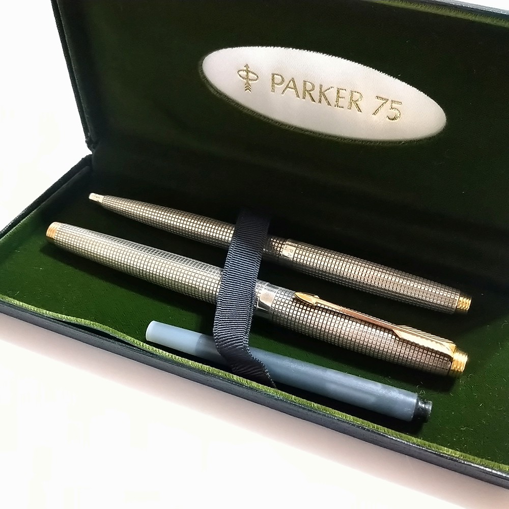 PARKER 派克 75 純銀 14K  凹頂 鋼筆+原子筆 含盒對筆