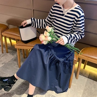 【白鳥麗子】韓國製 假兩件條紋A字裙長袖洋裝