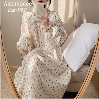 aseaspace·長袖睡衣裙子女可外穿甜美印花公主風睡衣家居服裙子娃娃領宮廷風家居服洋裝裙子女生睡衣