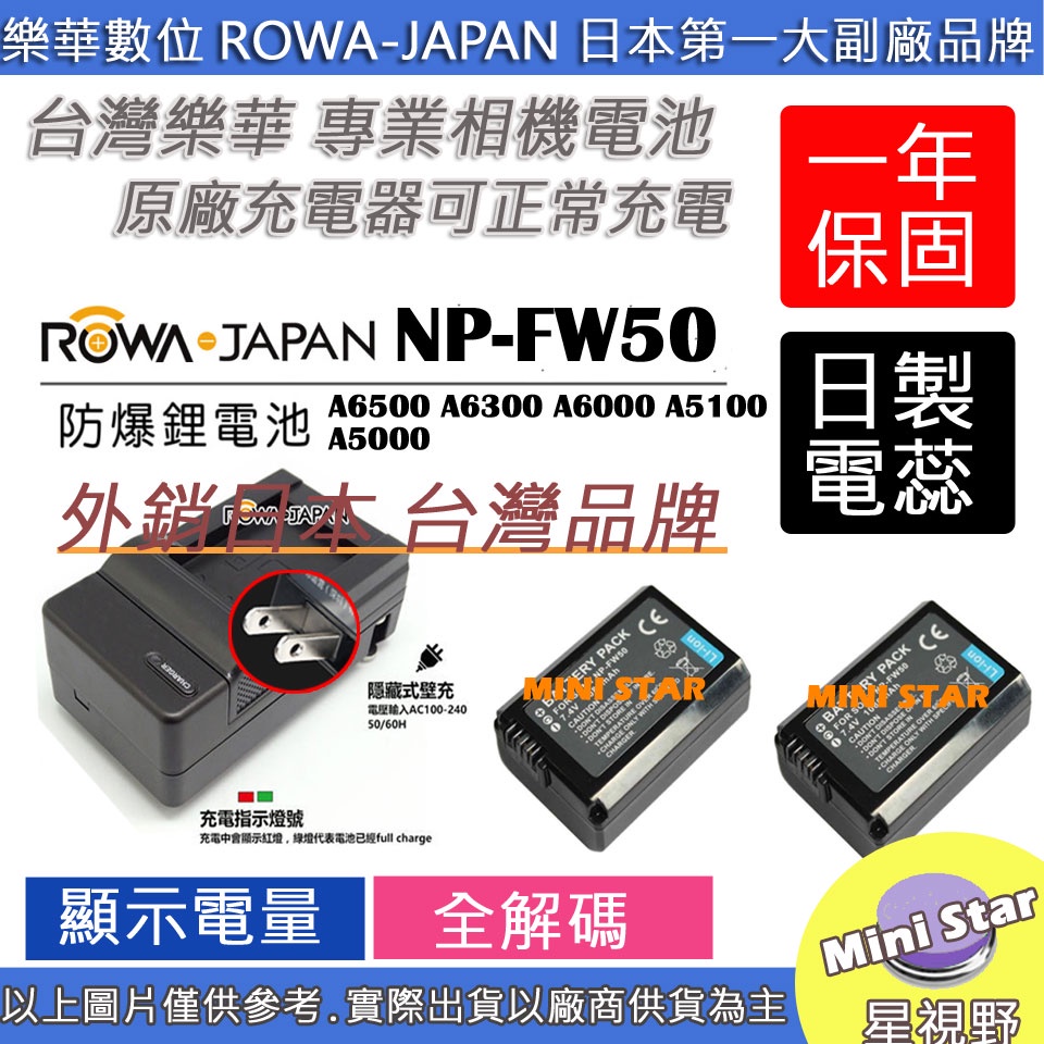 星視野 2顆 電池+充電器 ROWA SONY FW50 A6500 A6300 A6000 A5100 A5000