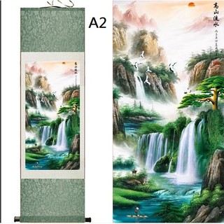 【幸運星】高山流水 山水畫 風水畫 國畫 絲綢畫 開運 招財 卷軸畫 辦公室居家送禮 流水生財 K A2