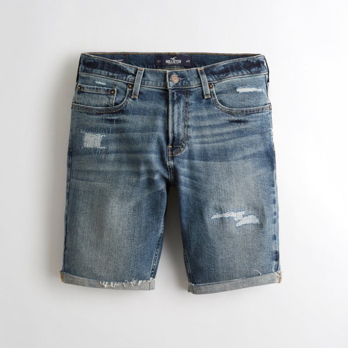 【HOLLISTER Co.】【零碼31腰】HC男款牛仔短褲縫破中藍 F07190817-05