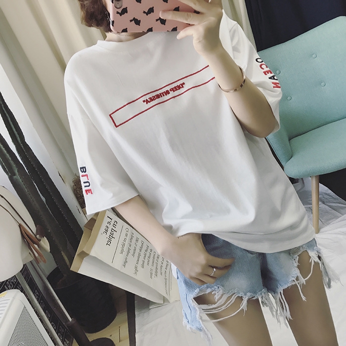 春夏季短袖女士t 日韓女裝夏季刺秀字母t恤素色白t 淑女風上衣現貨 蝦皮購物
