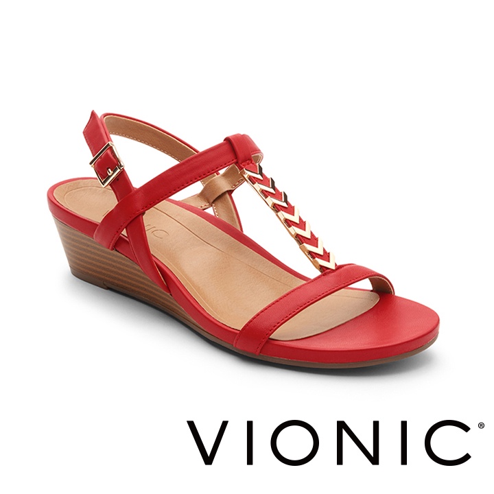 【VIONIC 法歐尼】CALI凱莉 金屬點綴牛皮低跟楔型質感涼鞋 (黑/紅/ 共兩色)