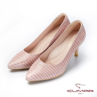 【CUMAR】文藝羅浮宮- 特殊皮革壓紋簡約高跟鞋 - 甜丁香粉