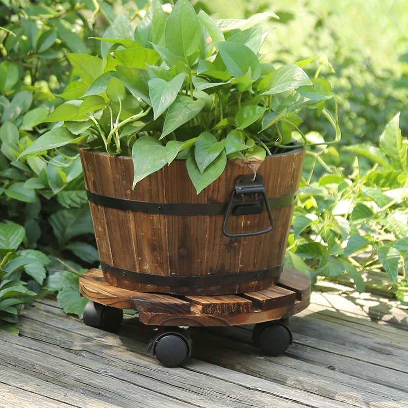 戶外花園☊☎◙木質可移動活動放花盆的低坐底座加厚拖托盤萬向輪帶滾輪實木花架1