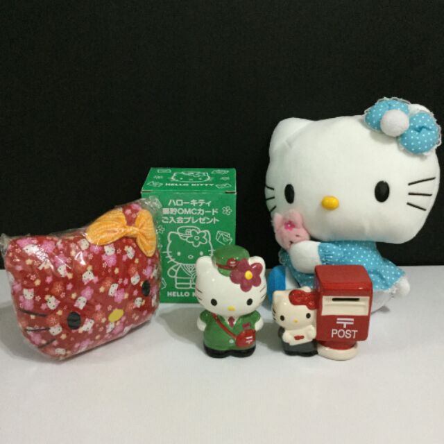 日本郵局限定版Hello kitty存錢筒+kitty郵筒+造型小枕+藍色洋裝玩偶『全新收藏品』