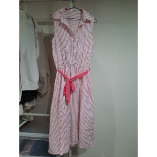 粉紅白直條紋V領長裙洋裝