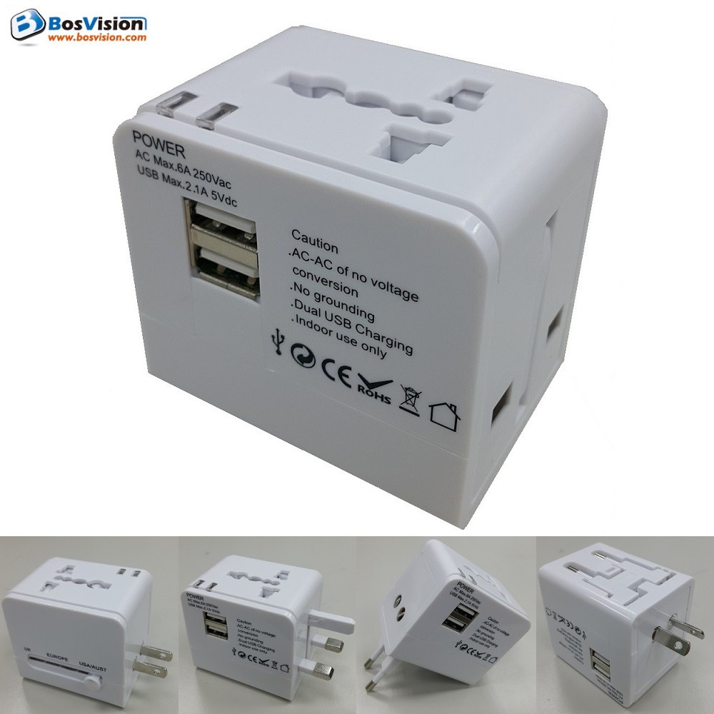 Bosvision 白色2.1A雙USB高功率萬用轉接頭  可加購夾鏈袋 萬國插座 萬用插頭 適用150多國家 旅行插座