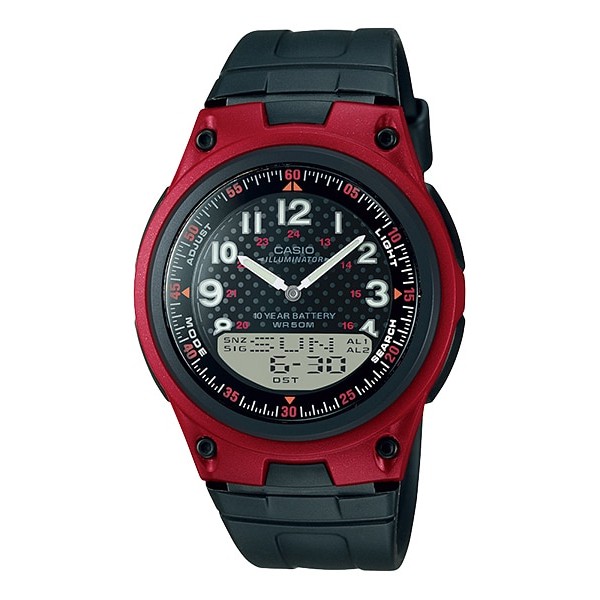 CASIO 10年電池續航世界時區雙顯電子錶（黑X紅）_ AW-80-4BV