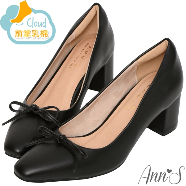 Ann’S法式優雅-油皮細緻蝴蝶結粗跟方頭跟鞋5.5cm-黑