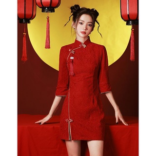【kea66012】紅色蕾絲旗袍2022年新款少女改良年輕款秋季敬酒服新娘小個子短款