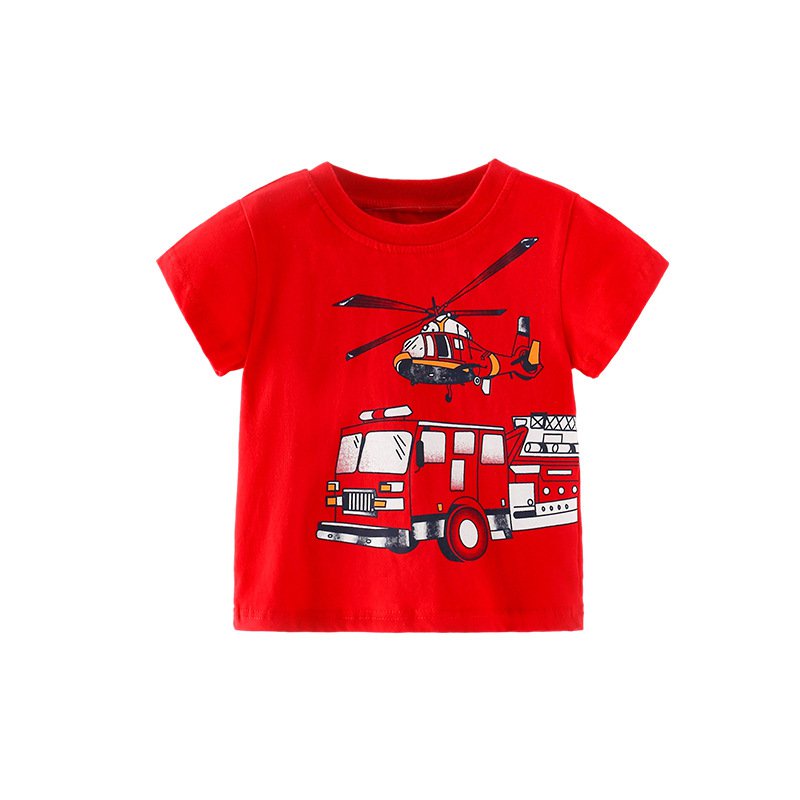 男孩消防車直升機印花 T 恤夏季棉質兒童衣服短袖可愛幼兒上衣兒童 T 恤