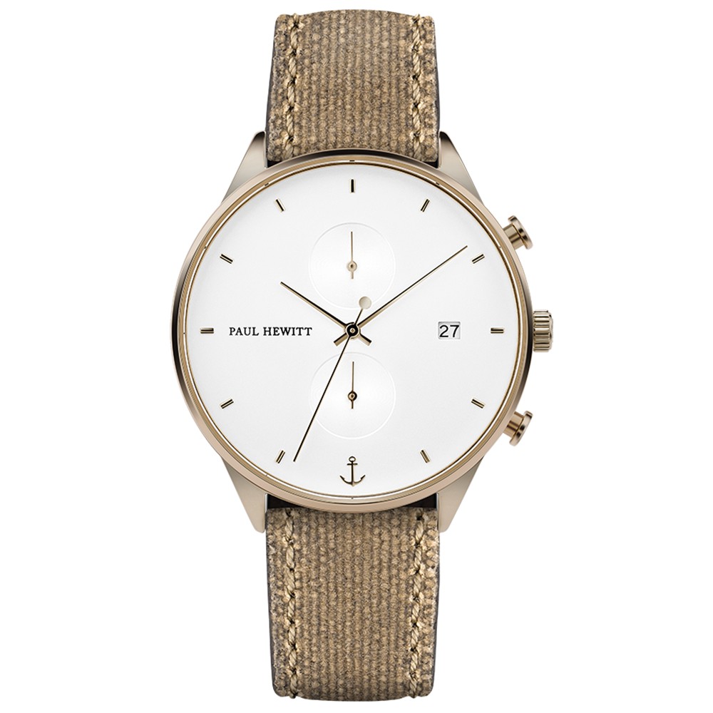 PAUL HEWITT德國船錨造型設計師品牌手錶Chrono Line 簡約風格計時腕錶 - 白面x復古卡其布面皮帶