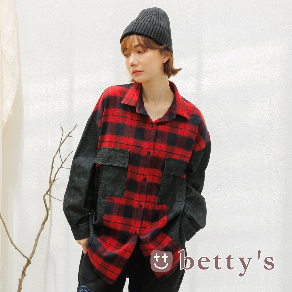 betty’s貝蒂思(15)格子拼接牛仔布襯衫(紅色)