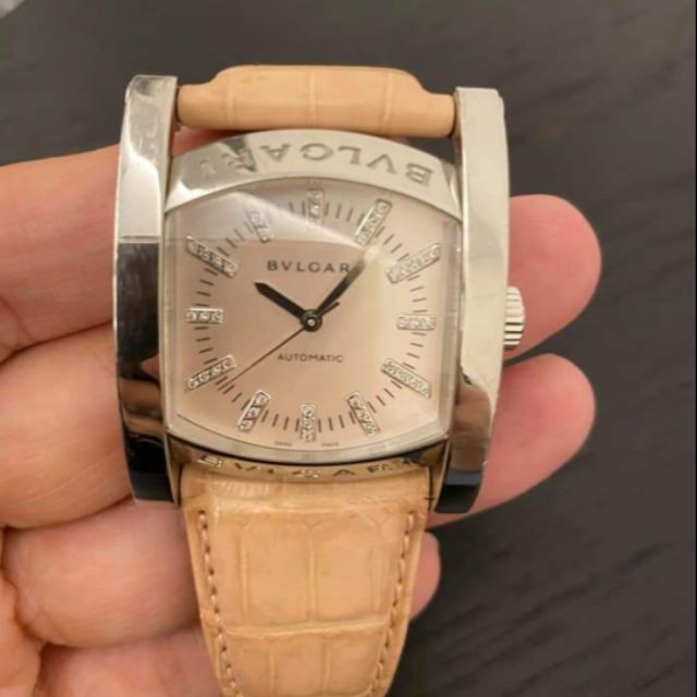 寶格麗 Assioma系列 淡粉色 鑲鑽時標 Bvlgari 原鑲 自動上鍊 真皮 女錶