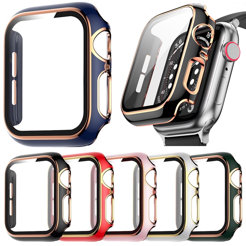 適用蘋果手錶Apple Watch 7雙色電鍍iwatch SE 6 5 4殼膜一體式PC殼+鋼化保護貼 防摔防撞保護套