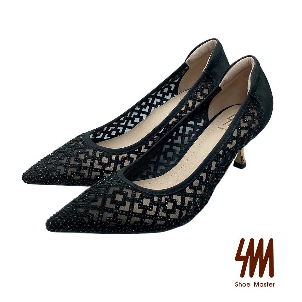 SM專櫃女鞋 尖頭透視水鑽性感金屬跟高跟鞋(黑色)