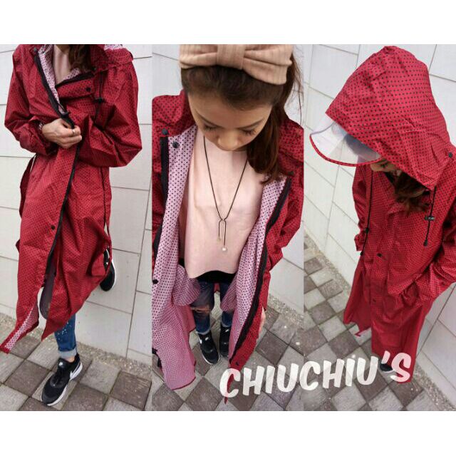 CHIUCHIU's愛美傘 日本超輕量防水透氣綁帶風衣式輕便雨衣 風雨衣 紅點點