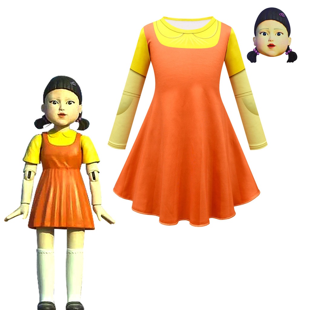 《現貨~ 裝扮》萬聖節服裝 魷魚遊戲Squid Game123木頭人衣服面具童連衣裙