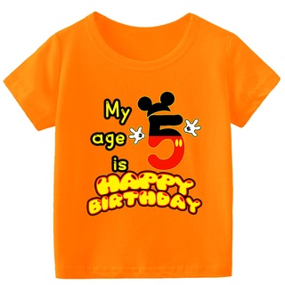 迪士尼兒童數字T卹橙色 夏季男孩衣服 時尚米奇印花女孩短袖 卡通寶寶上衣 生日禮物