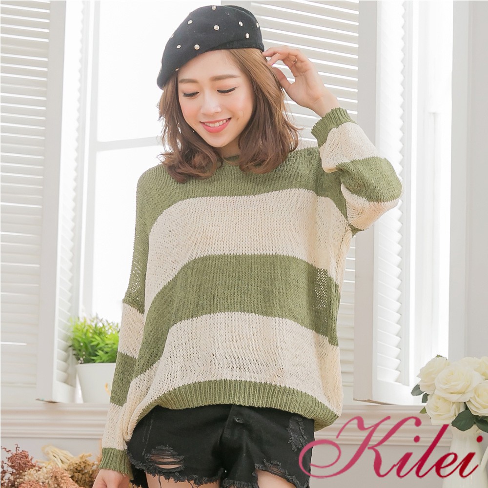 【Kilei】大尺碼女裝 長袖上衣 針織上衣 女上衣 優雅橫紋前短後長針織衫上衣XA3032-02(優雅綠)大尺碼