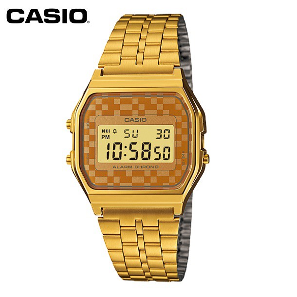 【CASIO】A159WGEA-9 復古造型電子錶/經典百搭/男女通用款/33mm/金格紋/公司貨【第一鐘錶】