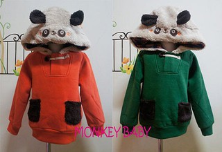 【MONKEY BABY 】浣熊圖案帽厚款內裡刷毛保暖連帽造型T 女男童保暖上衣綠色約105(6563)