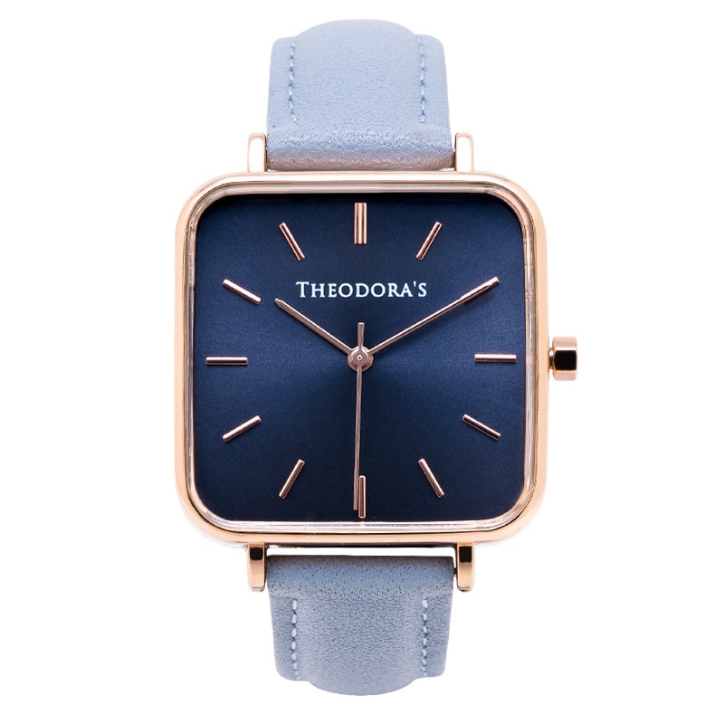 【THEODORA'S】Hebe 簡約方形真皮手錶 方形深藍-真皮灰藍【希奧朵拉】
