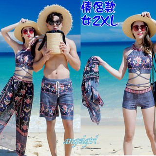 mama小舖/加大2XL韓版溫泉泳衣情侶款(女三件式+男泳褲)浪漫水洗色3件式套裙/民俗風花圖騰情侶泳裝情侶泳衣
