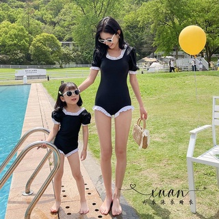 Xuan♥ 新款母女親子泳裝連體黑色木耳邊可愛女寶寶兒童游泳衣顯瘦新款
