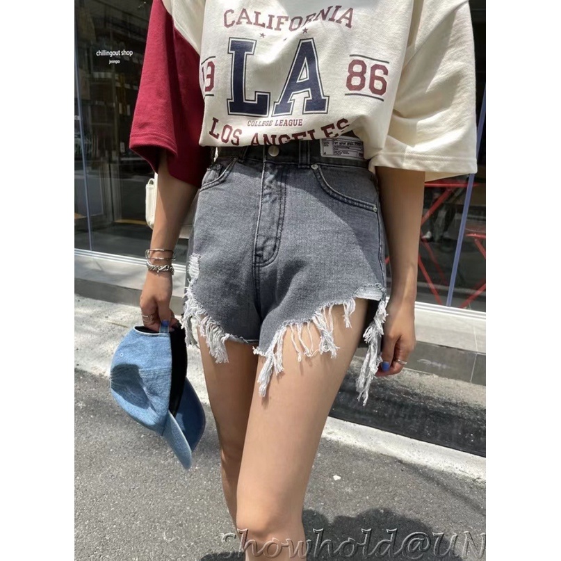 【DayByDay】現貨♡正韓Uniun腰際標籤下擺鬚邊刷破牛仔短褲 韓國東大門選品服飾新款H00035