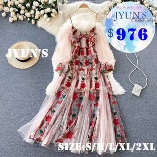 JYUN'S 夏季新款名媛風高級感吊帶禮服小心機露肩網紗泡泡袖拼接重工刺繡連衣裙性感洋裝連身裙大尺碼1色S~2XL預購