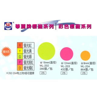 華麗牌 WL-203 螢光圓點標籤 12mm (432張/包)
