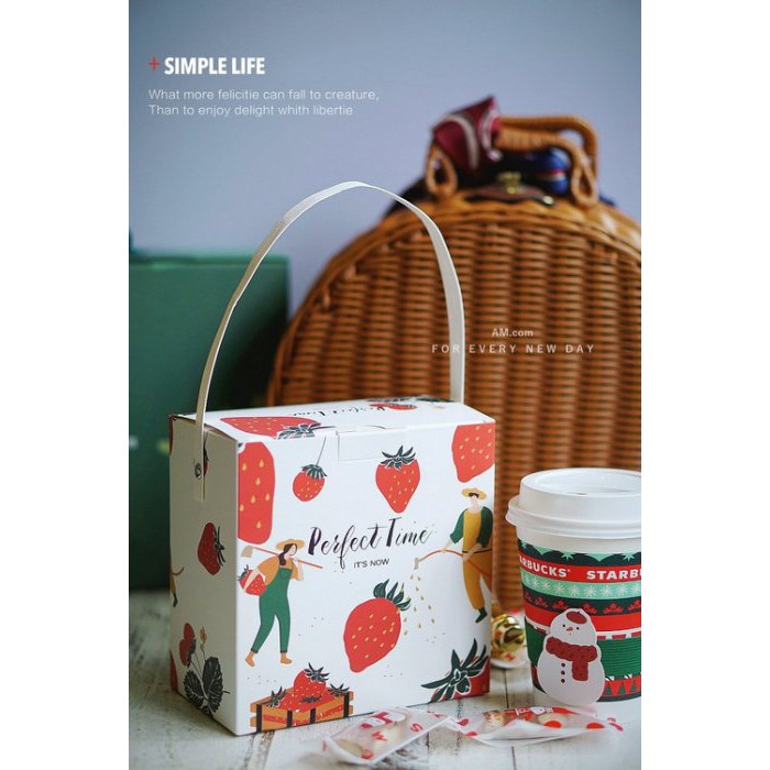 AM好時光【M424】收穫莓好時光鉚釘手提包裝盒 5入❤草莓大福甜點盒 蛋黃酥雪媚娘盒 瑪德蓮西點餐盒 蛋糕工作室外帶盒