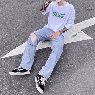 【shopdcc】 🇰🇷韓國破壞單邊刀割牛仔褲 寬褲 牛仔寬褲 闊腿褲 落地褲 修身 長褲 牛仔褲 破壞 韓系 牛仔長褲