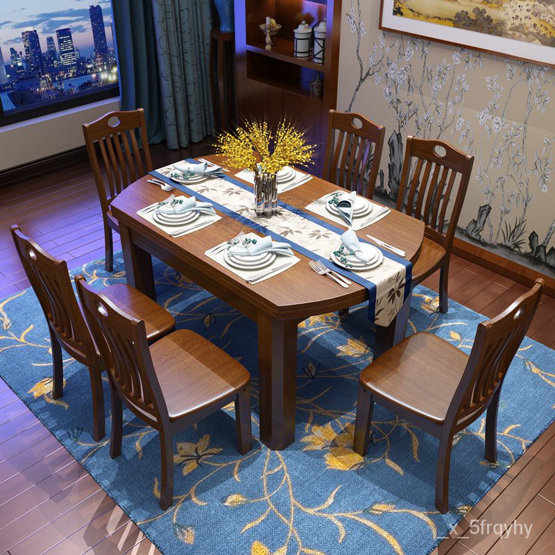 爆款 熱賣-實木餐桌椅組合現代簡約可伸縮折疊小戶型家用客廳圓桌4/6人-現代簡約 家俱