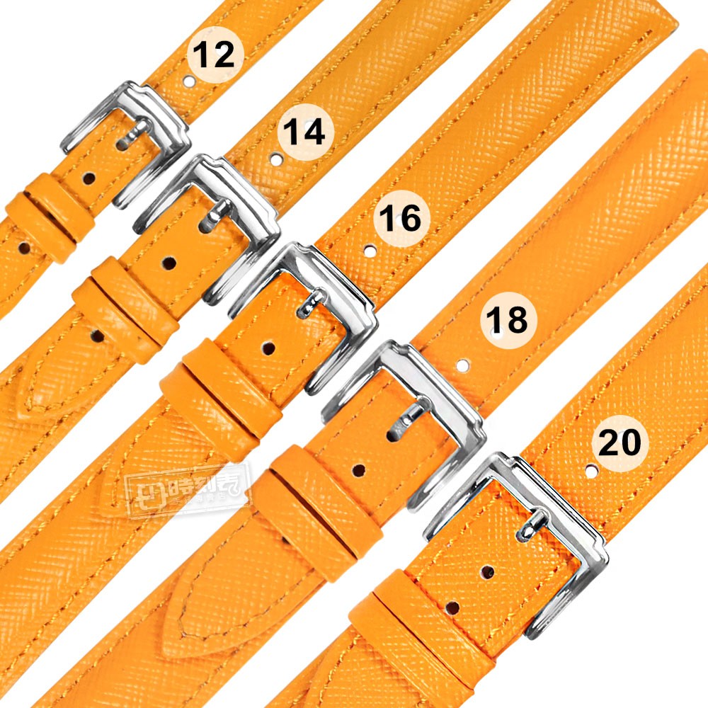 Watchband / 12.14.16.18.20 mm / 各品牌通用 真皮防刮壓紋錶帶 不鏽鋼扣頭 橘黃色