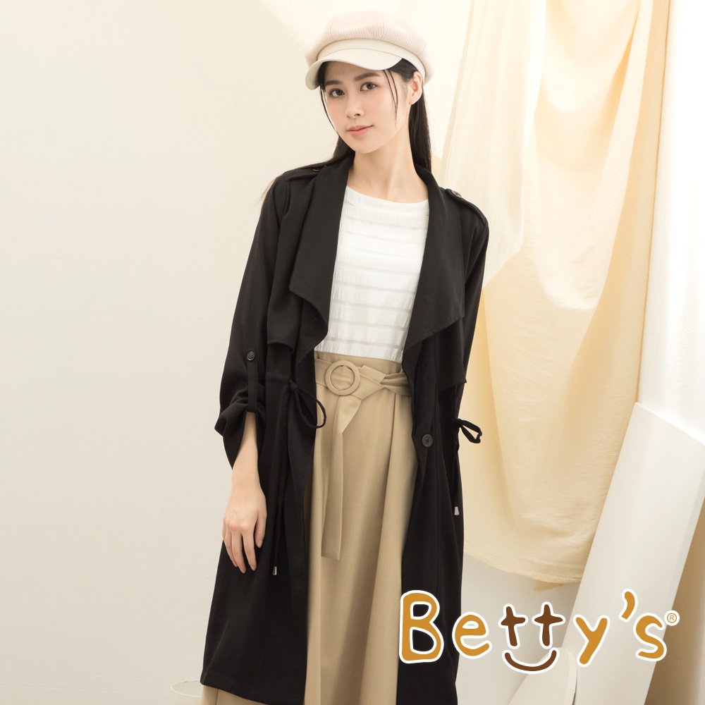 betty’s貝蒂思(15)翻領腰抽繩長版外套大衣(黑色)