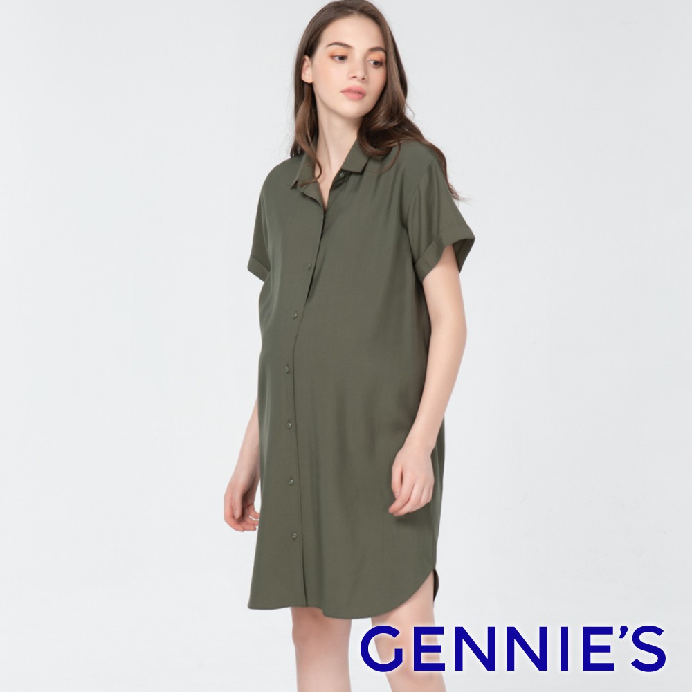 【Gennies 奇妮】襯衫領率性孕婦洋裝-綠 (T1J12)