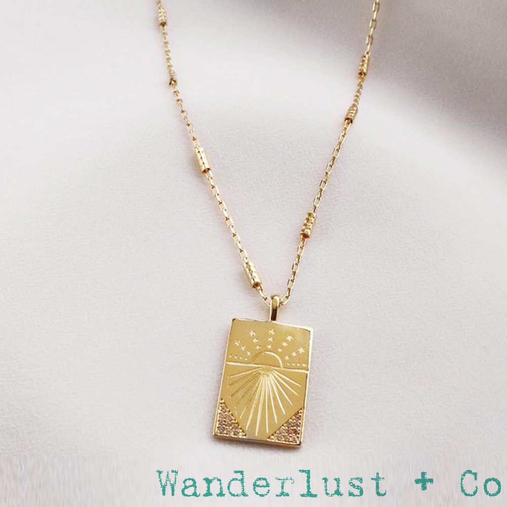 Wanderlust+Co 澳洲品牌 金色太陽項鍊 鑲鑽長方形錢幣項鍊 把握今天 Today Gold